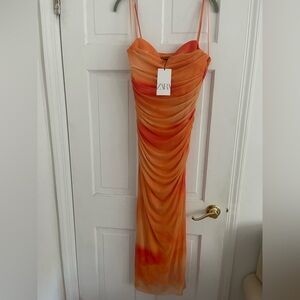 Zara Orange Asymmetrical Ruched Gown